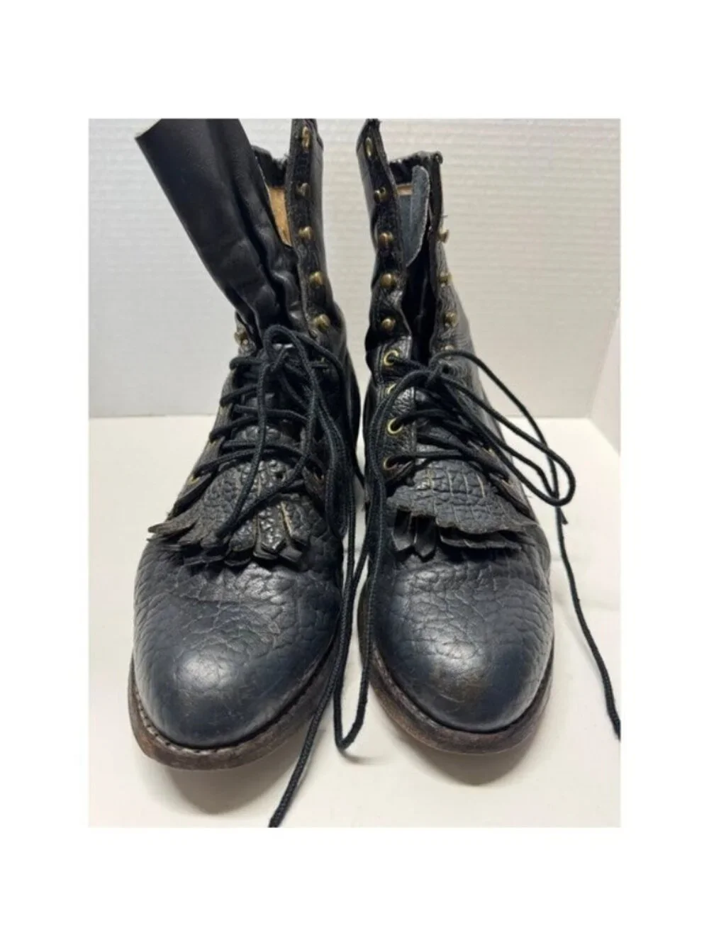 Justin Vintage Black Pebble Comb Leather Lace Up Packer Boots Mens 8.5 E USA - Picture 2 of 13